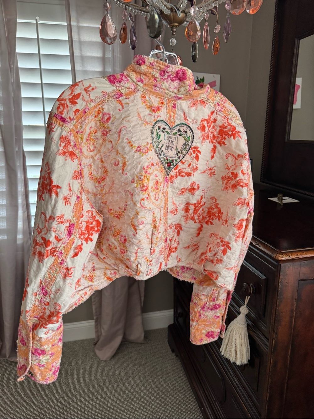 Floral Quilted Cropped Jacket in Cream and Coral